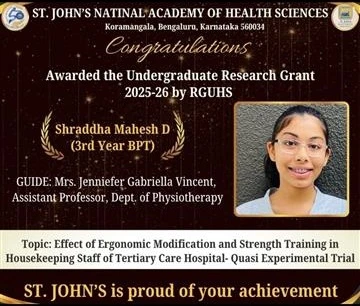 Jenniefer Gabriella Vincent, has been awarded RGUHS UG Research Grant 2025-26