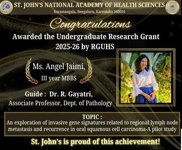 Ms Angel Jaimi, III Year MBBS, has been awarded the RGUHS UG Research Grant 2025-26